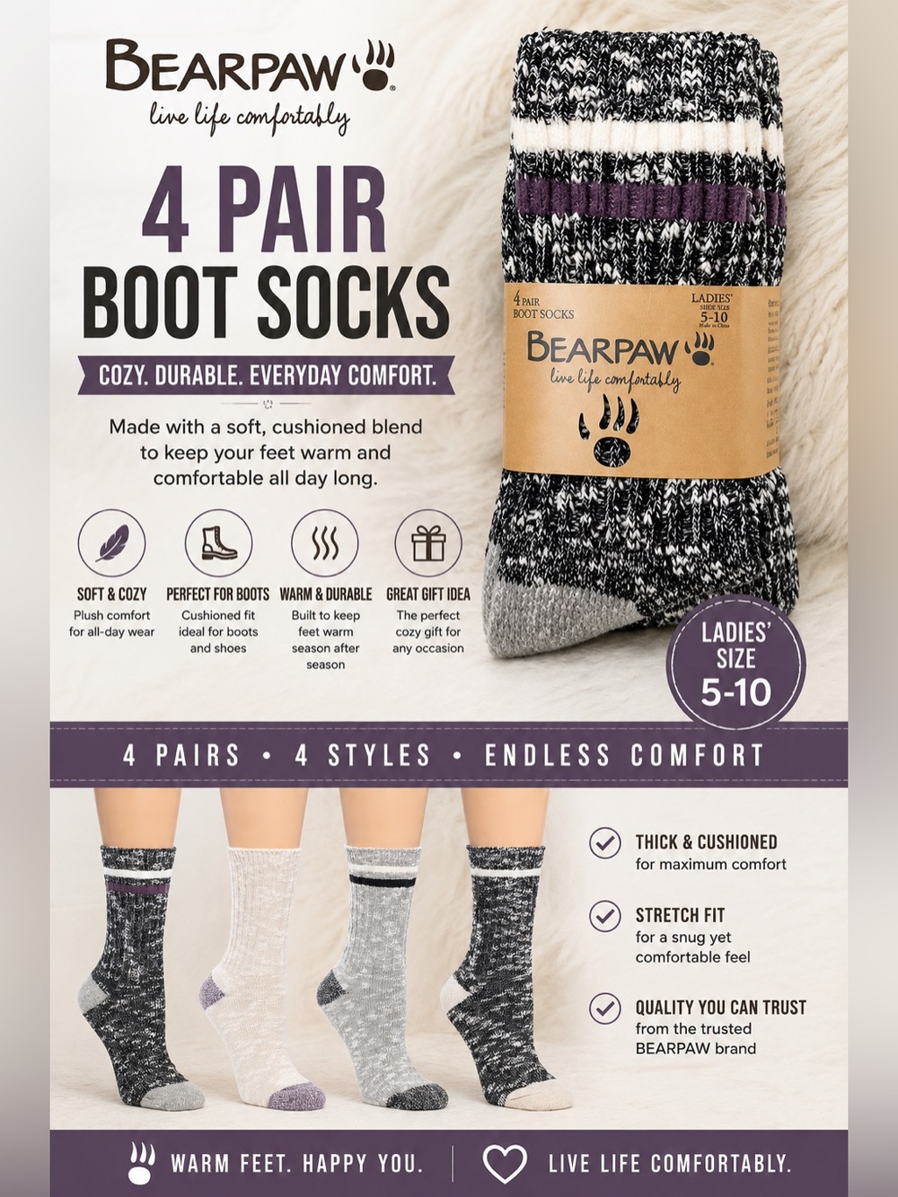 BearPaw Ladies' Boot Socks in Gray with Purple Accents - 4 Pair
